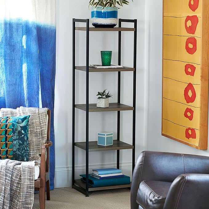 Household Essentials 5 Tier Storage Tower Metal, Grey Shelf – Black Frame, Ashwood