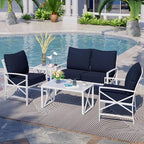 Shintenchi 5 Piece Outdoor Furniture Sets, White Metal Sofa Conversation Sets with Loveseat, Two Single Chairs and Two Coffee Tables for Backyard, Patio, Balcony, Poolside (Dark Blue)
