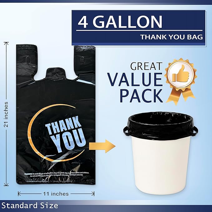 4 Gallon Small Black Trash Bags with Handles 100 Count, 11" x 21" Plastic Garbage Bags for Home, Kitchen, Office, Bathroom Thank You T-Shirt Style Bags for Small Business, Takeout, Grocery Use