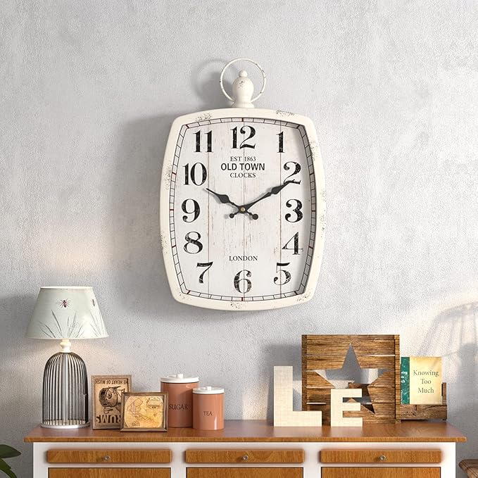 Menterry Rectangle Retro Large Wall Clock, Old-Fashioned Vintage Design, White Antique Style, Battery Operated Silent Decor Wall Clocks for Farmhouse,Kitchen,Office (15.5" H x 10.2" W)