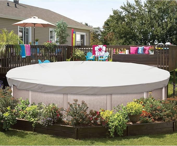 ECOOPTS 17 ft Waterproof Round Polyester Pool Cover for Above Ground Pools, Swimming Pool Cover Protector Winter Safety Cover (Light Grey)