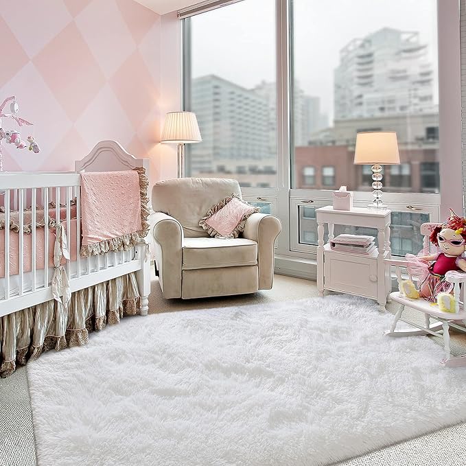 Super Soft Fluffy Shaggy Rugs 4x5.9 Feet for Living Room Bedroom, Fuzzy Plush Area Rugs for Girls Kids Room Nursery Home Decor, Furry Dorm Rug Cute Non-Slip Indoor Floor Carpet, Cream White