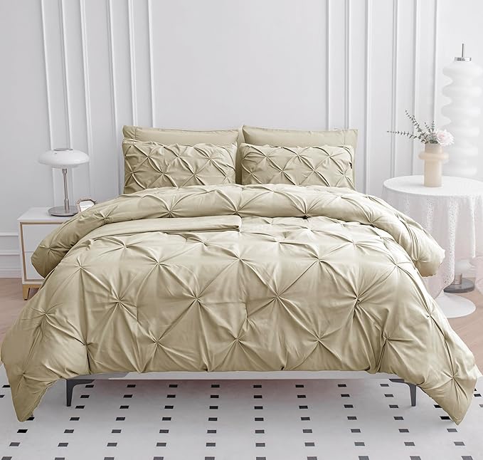 LANE LINEN California King Comforter Set, 7 Piece Cal King Bed in a Bag, Pintuck Cal King Bedding Set, Soft Cali King Bed Set, Cal King Bedding Comforter Sets with Sheets, Pillowcases & Shams - Linen