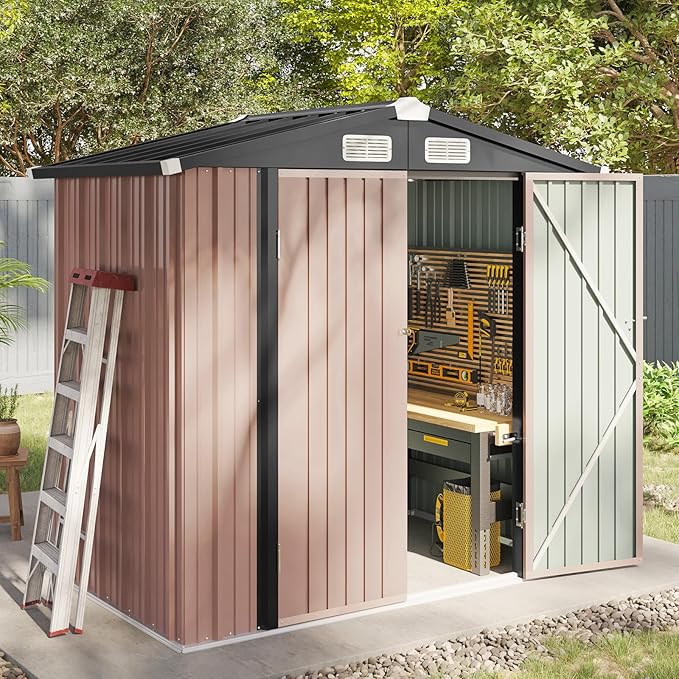 Aoxun 6.2x4 FT Shed Outdoor Storage Shed with Lockable Doors & Slooping Roof Metal Garden Tool Shed for Backyard, Patio, Poolside (Brown)