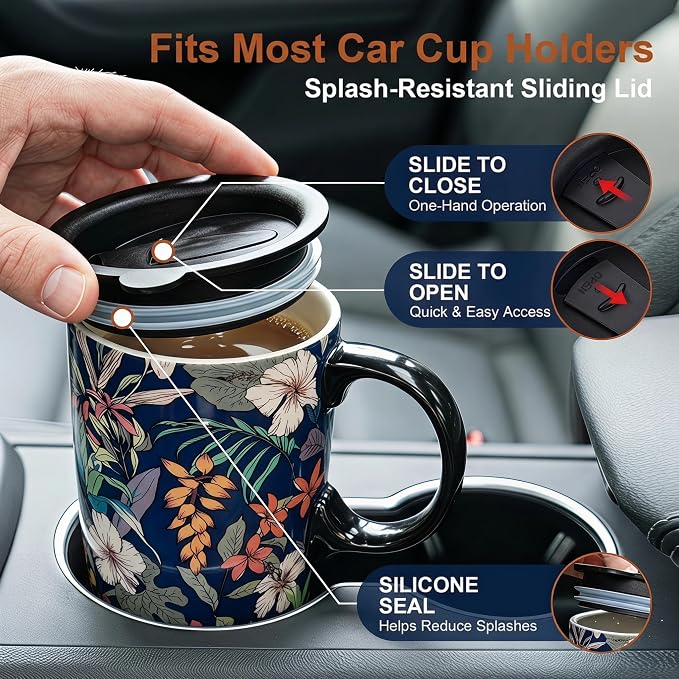 Topadorn 17oz Ceramic Travel Mug with Lid, Tropical Botanical Coffee Mug with Handle, Floral Ceramic Coffee Cup, Microwave & Dishwasher Safe, Gift Box Included