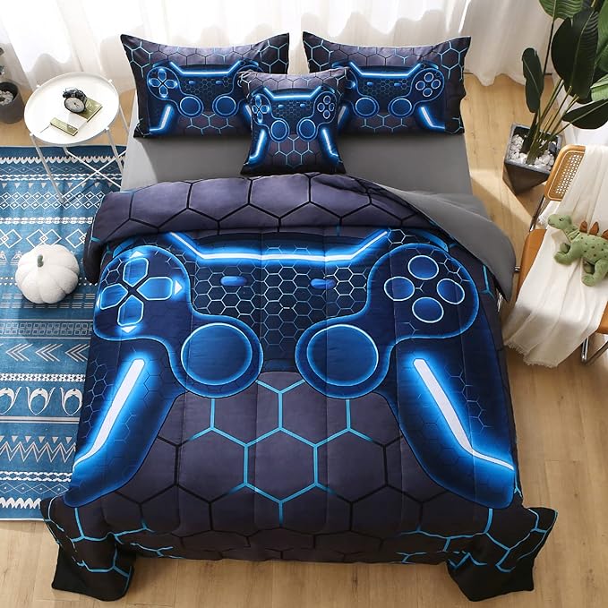 JQinHome Full Gamer Comforter Set,6 Piece Bed in A Bag 3D Video Game Bedding -All Season Down Alternative Gamer Bedding Sets - (Blue Game Controller)