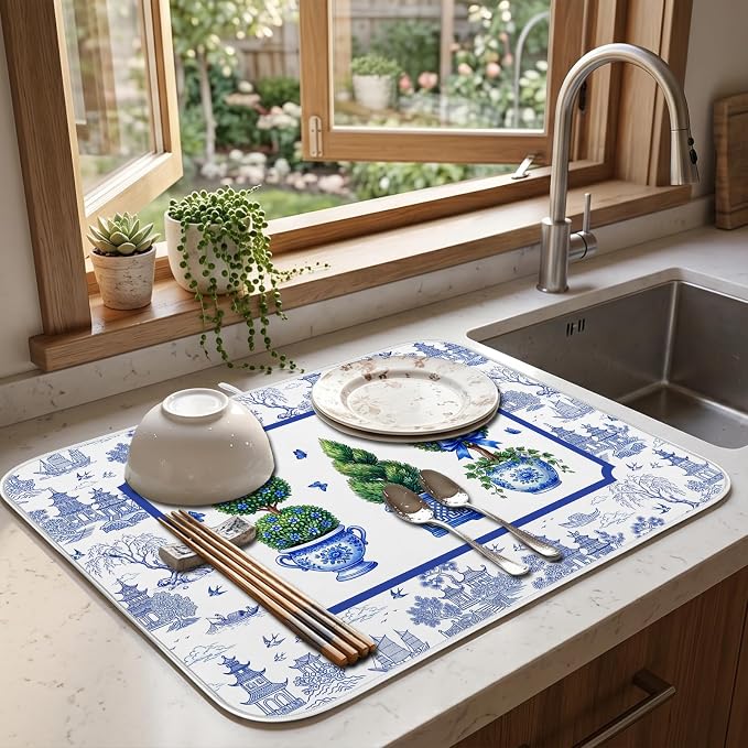 Chinese Blue White Dish Drying Mat for Kitchen Counter Coffee Bar 18x24 in | Chinese Aesthetic Non Slip Absorbent Kitchen Dishes Drainer Mat, with Anti-slip Rubber Backing & Hanging Loop, for Sink