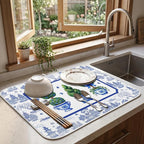 Chinese Blue White Dish Drying Mat for Kitchen Counter Coffee Bar 18x24 in | Chinese Aesthetic Non Slip Absorbent Kitchen Dishes Drainer Mat, with Anti-slip Rubber Backing & Hanging Loop, for Sink