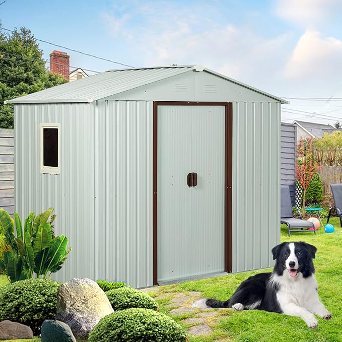 8 x 4 FT Outdoor Storage Shed, Metal Garden Shed with Floor Frame, Tool Shed Outdoor Storage with Lockable Sliding Doors & Window & Air Vents, Storage House Waterproof for Backyard, Lawn, White