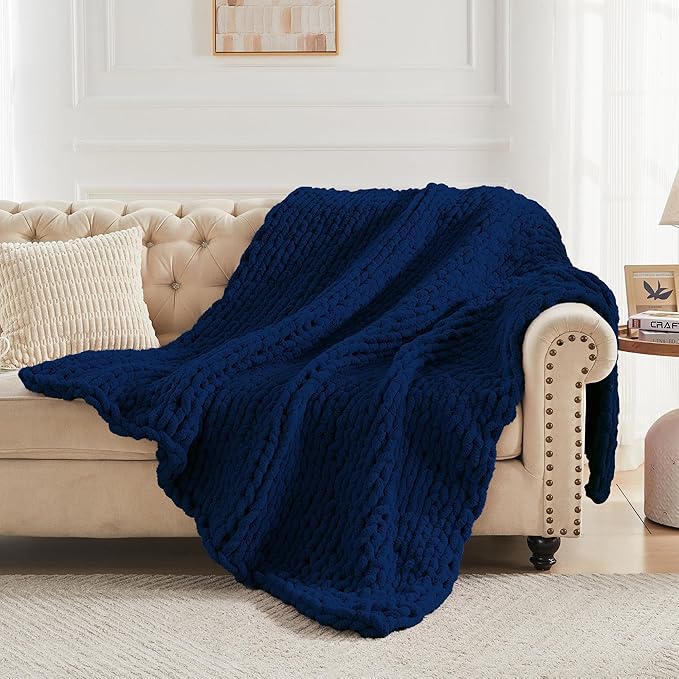 Carriediosa Chunky Knit Throw Blanket 60" X 80" Twin, 100% Hand Made Large Chenille Loop Yarn Soft Fluffy Throws for Couch Sofa Bed, Big Crochet Cozy Heavy Thick Cable Woven Blankets, Navy Blue