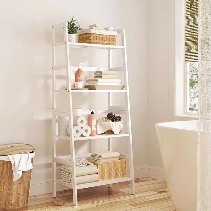 4-Tier Bamboo Bookshelf Ladder Shelf Book Shelf Bookcase Freestanding Storage Rack Plant Stand for Bedroom, Living Room, Bathroom, Small Space, Light white