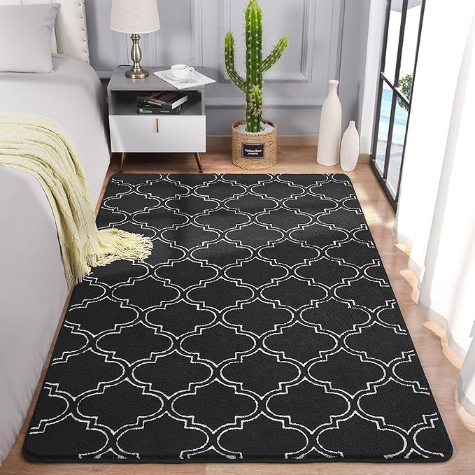 Chicrug Shag Geometric 5x7 Area Rug for Living Room, Large Modern Memory Foam Indoor Carpet, Fluffy Rug for Bedroom Bedside Room Decor for Family Girls Kids Nursery, Black/White