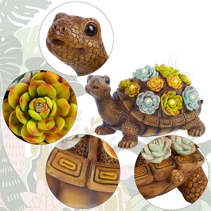 FORUP Turtle Garden Statue, Resin Turtle Figurine Garden Lawn Ornaments with Solar LED Lights for Outdoor Yard Garden Decorations