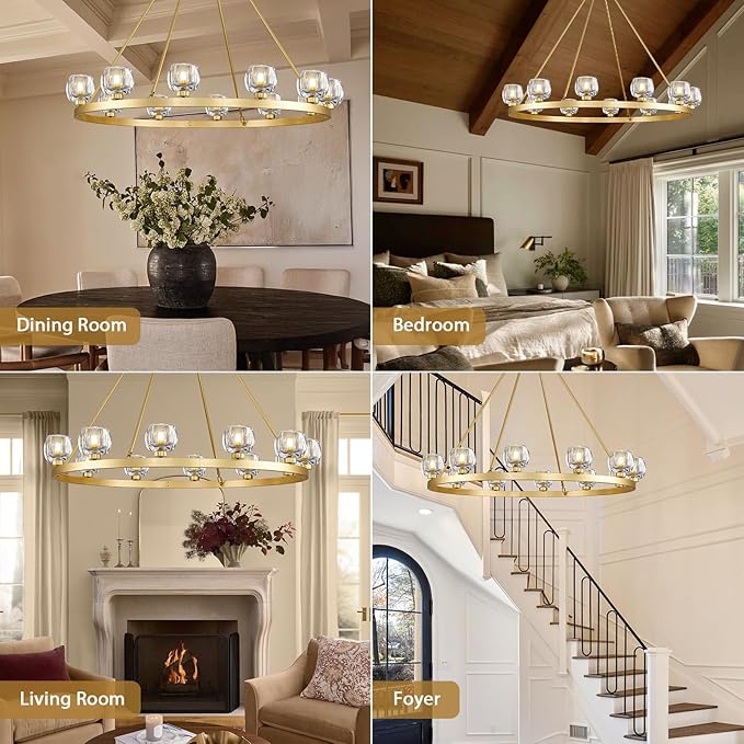 Gold Wagon Wheel Chandelier, 59 Inch Brass Chandeliers with Unique Glass Shade, 15-Light Crystal Large Wagon Wheel Chandeliers for Dining Room, High Ceiling Round Chandelier for Living Room, Foyer