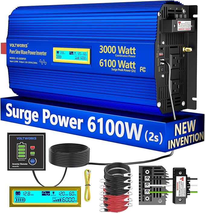 3000 Watt Pure Sine Wave Power Inverter 3000W 12V to 110V 120V AC, 6000W Surge Peak Power for 2 Seconds, UL Fuses, Compatible with Lithium Battery, Car Off-Grid Solar RV Truck Vehicle VOLTWORKS