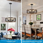 XINGQI 21.7'' Modern Chandelier, Farmhouse Drum Chandeliers for Dining Room Living Room Bedroom 5-Light Pendant Lighting Round Black Metal Antique Wood Grain Finish Adjustable