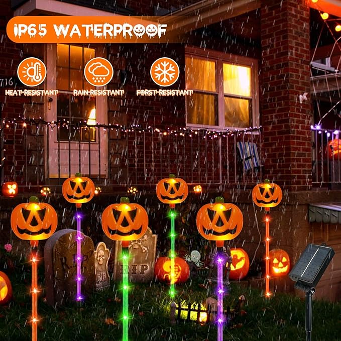 12 Pack Solar Pumpkin Lights for Halloween Decorations Outdoor, Waterproof Halloween Pathway Lights with 8 Modes, Orange Purple and Green Halloween Walkway Stake Lights for Yard Garden Party Decor