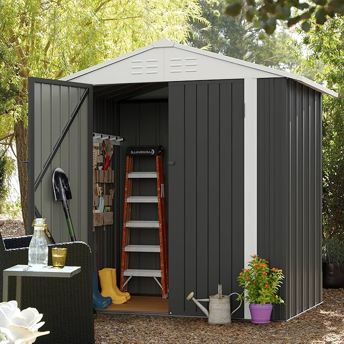 JUMMICO Metal Outdoor Storage Shed 6 x 4 FT Metal Shed with Lockable Door,Waterproof Garden Tool Shed Storage House for Backyard Patio Lawn,Grey