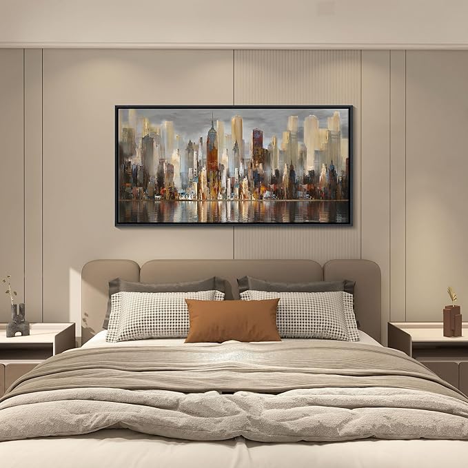 Abstract Brown New York City canvas Wall Art Framed Large Wall Art for Living Room Modern Paintings for Bedroom Cityscape New York Wall Decor Artwork Wall Pictures for Office and Bedroom 24×48in