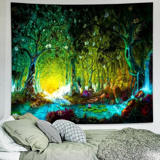 Delur Fantasy Forest Tapestry Mystical River Enchanted Magical Fairy Tale Tree Tapestry Sunrise Landscape Sunset Nature Psychedelic Wall Hanging Headboard for Bedroom Living Room Home Decor (59.1" x 78.7")