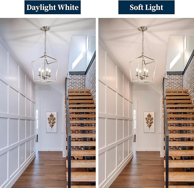 4-Light Brushed Nickel Farmhouse Chandelier, 12" Industrial Ceiling Light Lantern Pendant Light with Metal Cage Adjustable Height Rustic Hanging Light E12 Base for Kitchen Island Dining Room Entryway