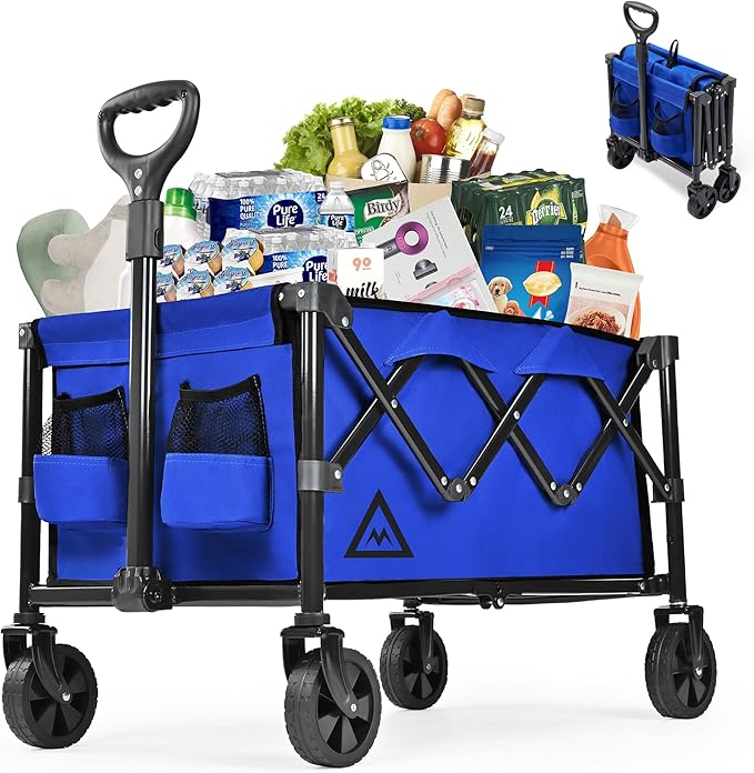 Wagon Cart Shopping Foldable Folding Collapsible with Wheels Big On Beach Garden Outdoor Grocery Heavy Duty Utility All Terrain Portable Wagons Carts for Groceries Sand Camping Sports Blue