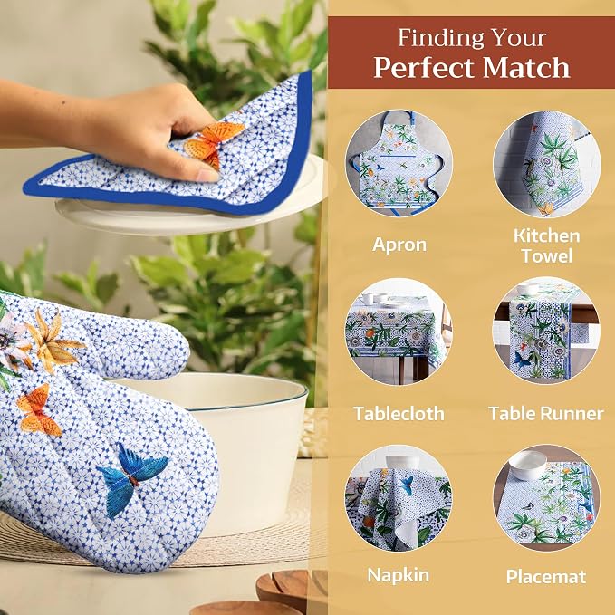 Maison d' Hermine 100% Cotton Oven Mitt & Pot Holder Set (7.5"x13" & 8"x8") | Heat Resistant BBQ Cooking Gloves with Loop Baking Grilling Kitchen Hotel Home Farmhouse Spring Summer - Passiflora