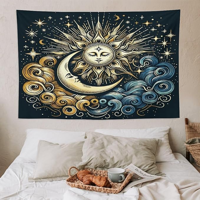 HZOHNAGO Sun Moon Tapestry Boho Golden Stars Pattern Printed Wall Tapestry Wall Hanging for Bedroom Living Room Dorm 90" W x 60" H