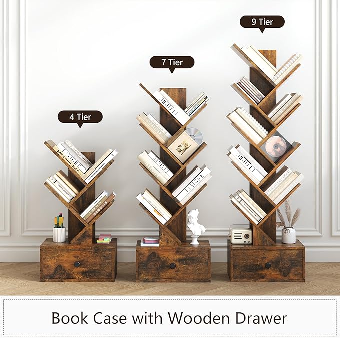 4 Tier Tree Bookshelf with Drawer, Small Tree Bookcase, Table Top Book Shelf Organizer Shelves for Living Room, Bedroom, Home Office, Rustic Brown