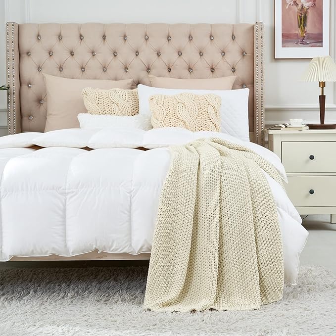 Longhui bedding Chunky Cable Knit Throw Blanket Lightweight Cream 100% Organic Cotton Blanket for Sofa Couch Bed Baby Nursery, Rustic Shabby Chic Modern Farmhouse, 60” x 80” Give Laundering Bag