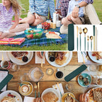 AARAINBOW 8 Pieces Stainless Steel Flatware Set Portable Reusable Cutlery Set Travel Utensils Set Including Chopsticks Knife Fork Spoon Straws Cleaning Brush Dishwasher Safe (Green Golden)
