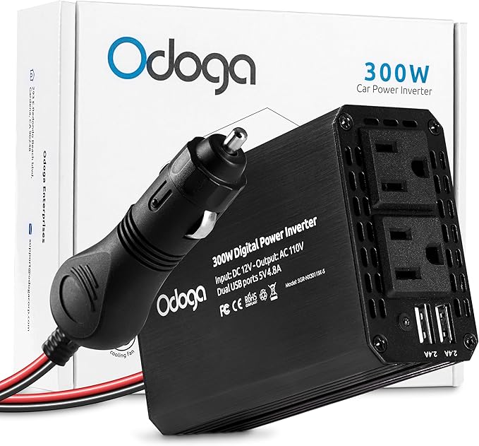 300W Car Power Inverter 12v DC to 110v AC – Car Adapter for Plug Outlet, DC to AC Converter, 4.8A Dual USB by Odoga