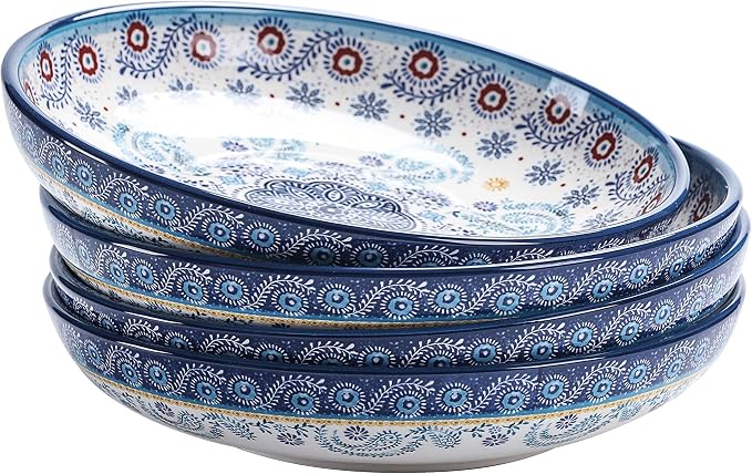 Bico Blue Talavera Pasta Bowls, 35oz Salad Bowl Set of 4, Large Ceramic Serving Dinner Bowls for Soup and Cereal, Microwave and Dishwasher Safe, Gift for Housewarming and Thanksgiving