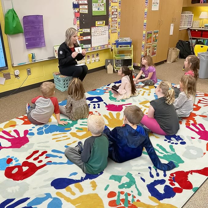 Large Kids Rug for Playroom, 8'x10' Handprints and Footprints Colorful Rug for Classroom, Non-Slip Washable Rug for Nursery, Soft Throw Carpet Indoor Playmat for Kids Room Dorm Bedroom