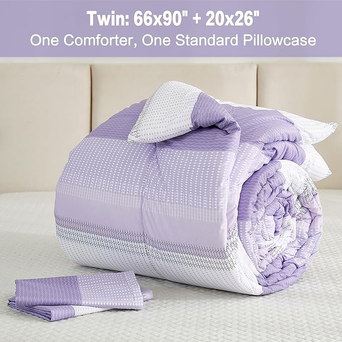 Litanika Lavender Comforter Set Twin/Twin XL - 2 Pieces Lightweight Lavender Purple White Colorblock Stripe Fluffy Bedding Comforter Sets, All Season Bed Set