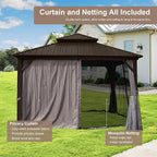 Domi Hardtop Gazebo 8x8FT, Aluminum Outdoor Gazebo with Galvanized Steel Double Roof Canopy, Curtains and Netting Included, Metal Gazebo Permanent Pavilion for Patio, Lawn, Garden, Brown