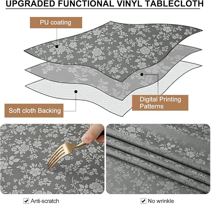 Smiry Rectangle Table Cloth, Waterproof Heavy Duty Vinyl Tablecloths, Wipeable Washable Table Cover for Kitchen and Dining Room (Grey, 52" X 70") | Wipeable Washable Floral Embossed Table Cover for Kitchen and Dining Room, Indoor & Outdoor Use, Grey