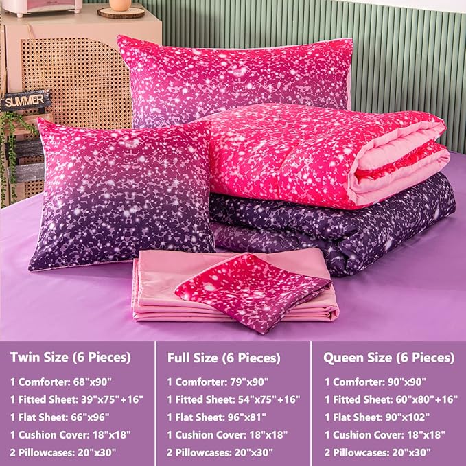 PERFEMET Purple Comforter Set Full Size - 6Pcs Colorful Rainbow Girls Bedding Set - Sparkly Pastel Ombre Bed in A Bag - (1 Comforter, 1 Flat Sheet, 1 Fitted Sheet, 2 Pillowcases, 1 Cushion Cover)
