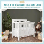 Aden 4-in-1 Convertible Mini Crib In White, Greenguard Gold Certified, Non-Toxic Finish, New Zealand Pinewood, With 3 Mattress Height Settings