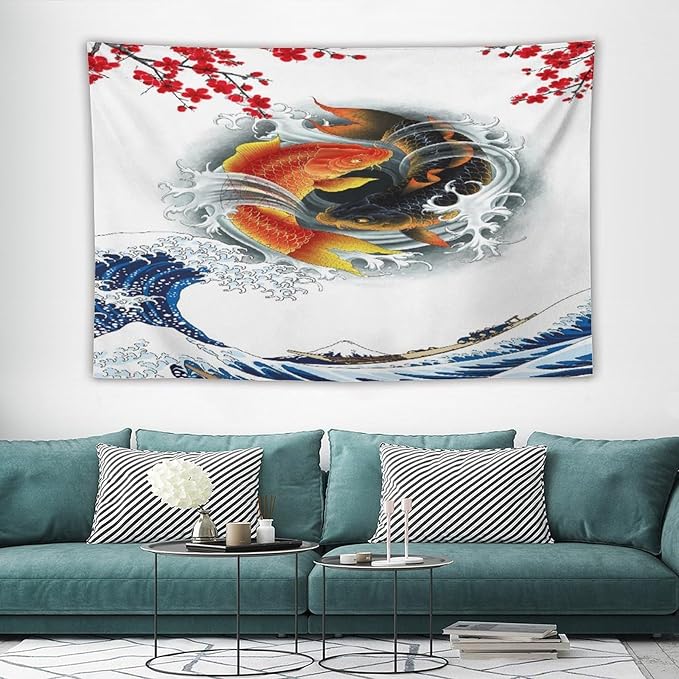 Houselerax Koi Fish Tapestry, Japanese Style Yin Yang Big Wave Cherry Blossoms Tapestries Wall Hanging for Bedroom Living Room Office Decor 60"x40"
