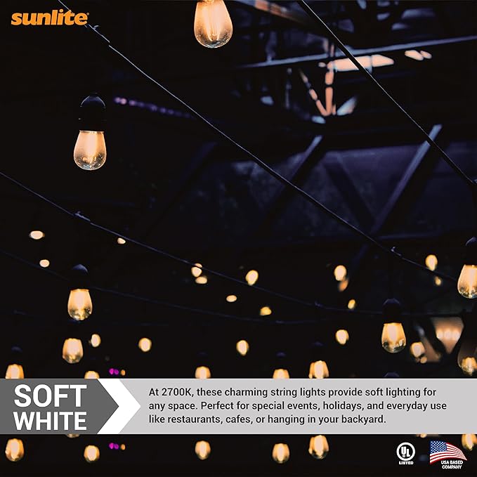 Sunlite 48ft Outdoor String Lights, 1.5W Commercial Grade, Waterproof, Linkable Strands, UL Listed, 15 Hanging Sockets, Shatterproof LED Edison Bulbs Included, 2700K Soft White