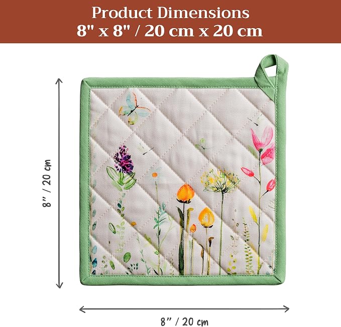 Maison d' Hermine Pot Holders 100% Cotton Potholders (8" x 8", Pack of 2) | Heat Resistant Hot Pads with Loop BBQ Cooking Baking Farmhouse Kitchen Handling Hot Pans Spring Summer - Botanical Fresh