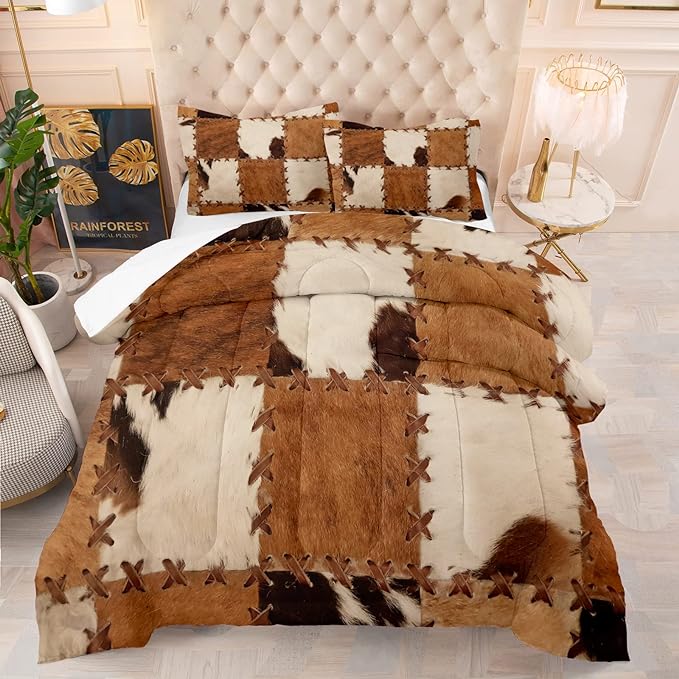 Tailor Shop Brown Cow Print Comforter Set Twin, Farmhouse Cow Print Bedding in A Bag, Leather Stitching Rustic Cowhide Comforter with 1 Matching Pillowcase Bedroom Decor………