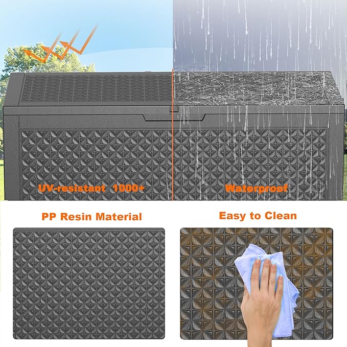 100 Gallon Large Deck Box,Resin Outdoor Storage Box with Lockable for Patio Furniture, Pool Accessories, Garden Tools Waterproof Outside Storage Box, Black Lozenge