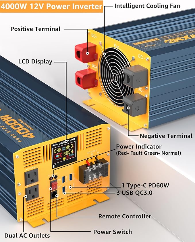 4000W Pure Sine Wave Power Inverter DC 12V to AC 110V 120V for Home RV with Dual AC Outlets 1 USB-C(60W) 3 USB-QC3.0 Fast Car Charger Adapter, LCD Display and Remote Control