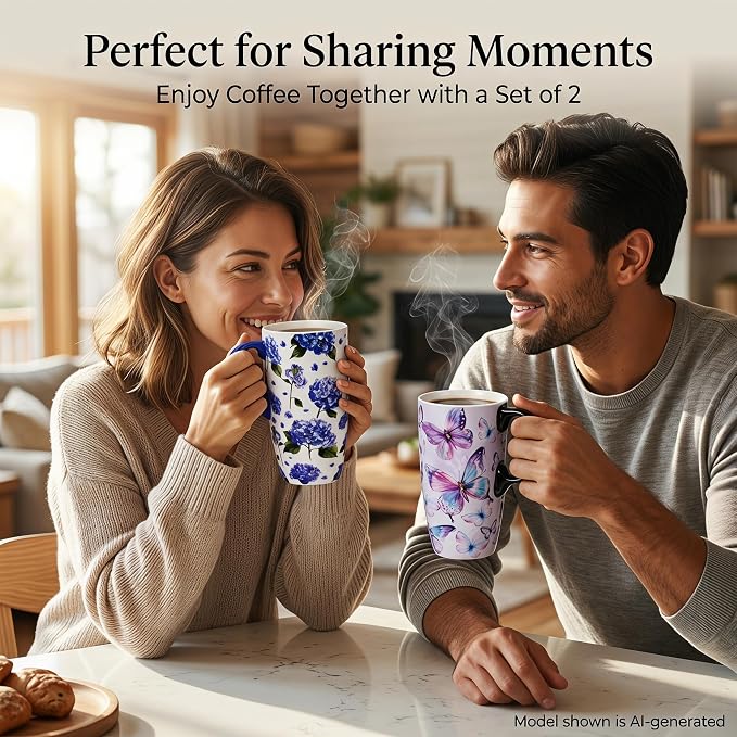 Topadorn Set of 2 Ceramic Travel Mugs with Lids, Coffee Mug | Butterfly & Hydrangea Mug Gift Set, 17oz Floral Coffee Cups, Microwave & Dishwasher Safe, Gift Box Included