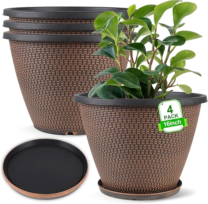 16 inch Plant Pots, Large Planters for Outdoor Plants Set of 4, Round Plastic Flower Pots with Drainage Holes & Trays, Modern Decorative Indoor Garden Pot, Plant Container for House (Black Copper)