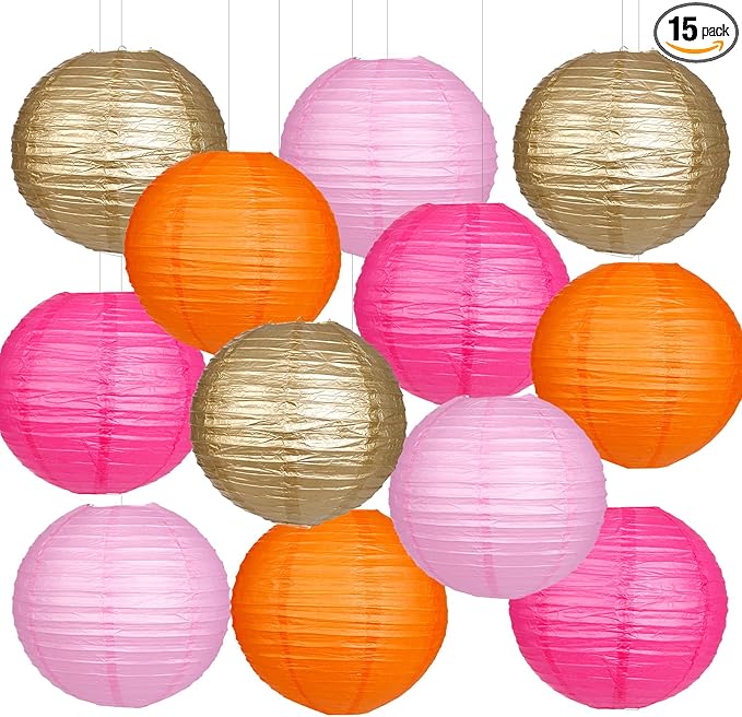 Paper Lanterns Pink Orange Gold Round Hanging Chinese Lanterns for Birthday Party Baby Shower Bridal Shower Decorations Pack of 12