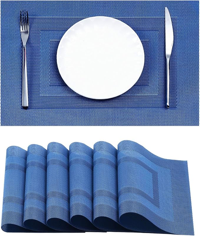 Leetaltree Blue Frame Placemats Set of 6 - Heat Resistant Non-Slip Place mats for Dining Table, Washable Durable PVC Vinyl Woven Table Mats（Blue Frame, 6）