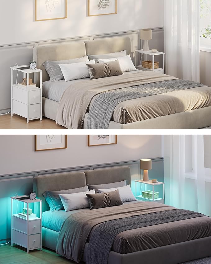 TUTOTAK Small Narrow LED End Table with Charging Station, Side Table Outlets, Nightstand with 2 Cloth Drawers, Couch Table, for Living Room, Bedroom, Bedside, White TB01BW085L